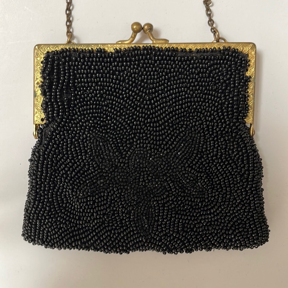 Vintage delicate small black beaded bag with chain